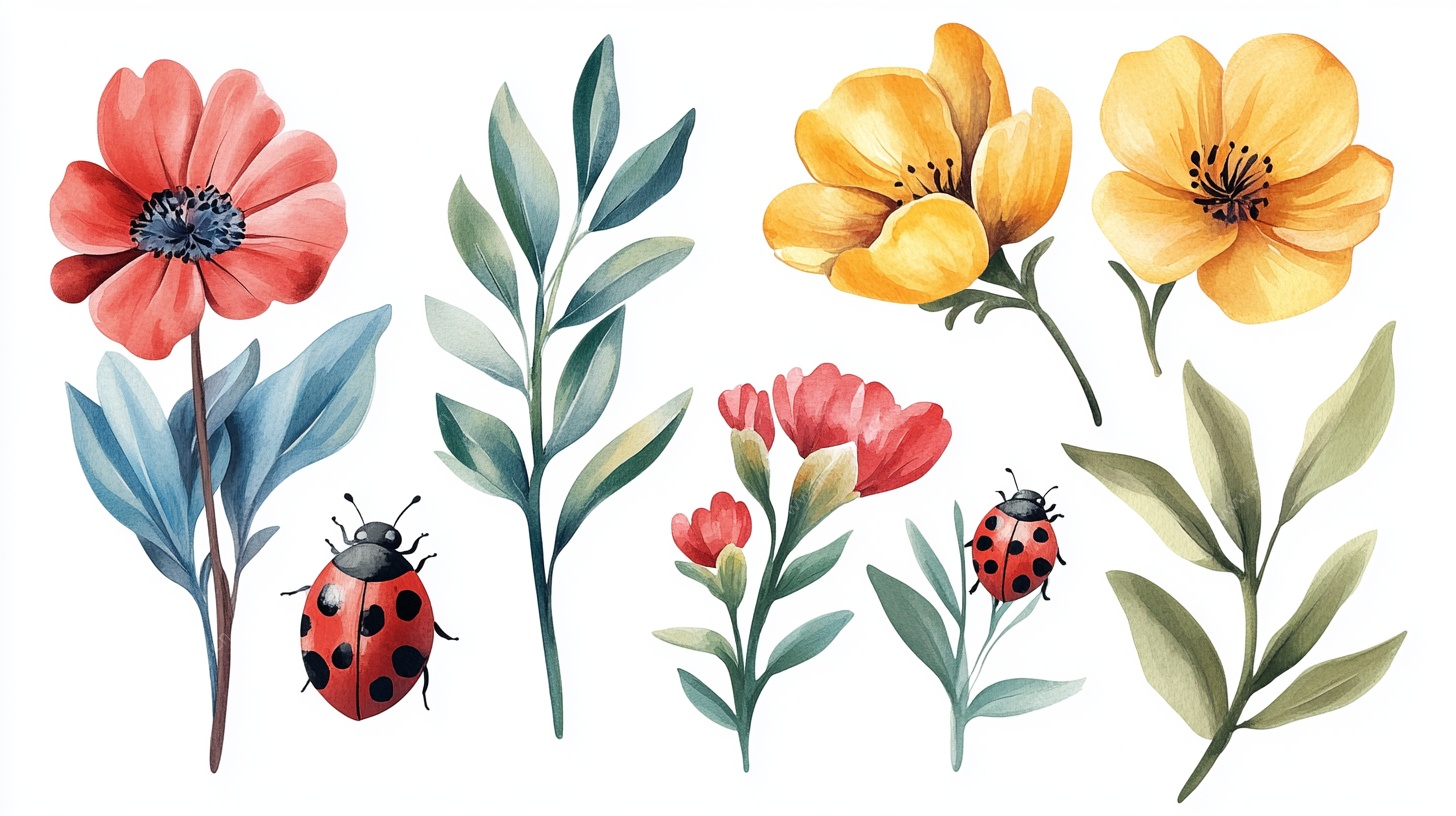 水彩花卉与瓢虫插画元素
