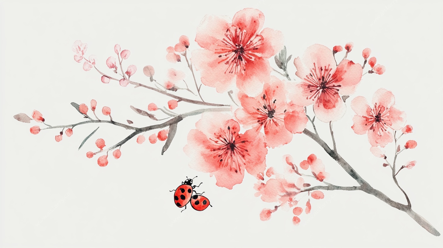 水墨桃花与瓢虫图