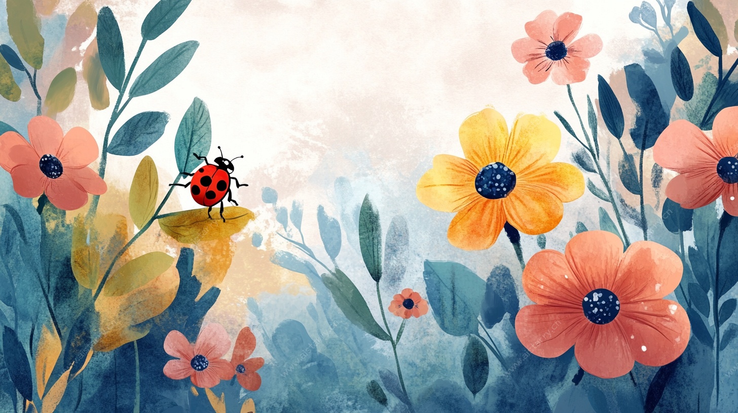 水彩花卉中的瓢虫世界