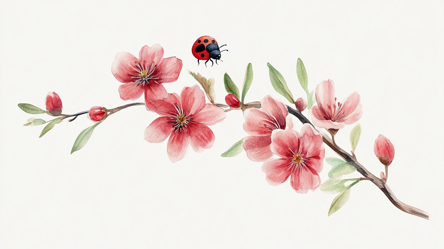 桃花枝上的瓢虫插画
