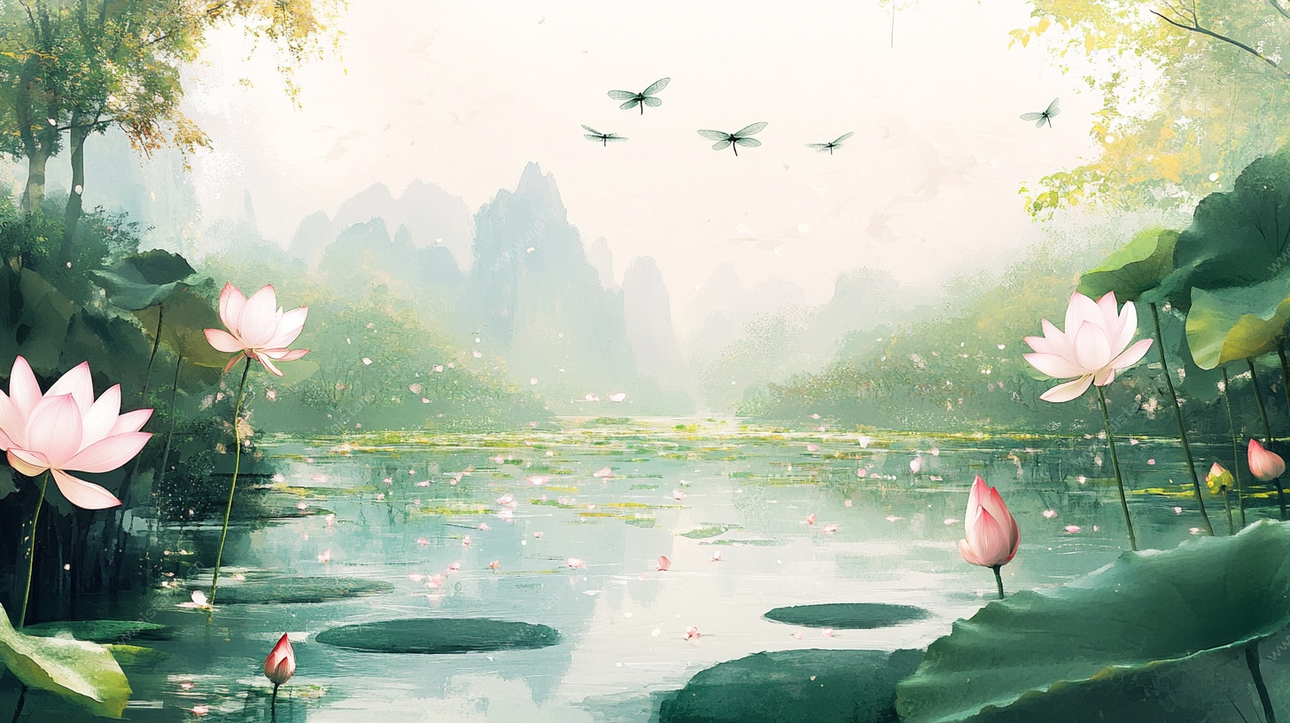 夏日荷塘山水诗意风景