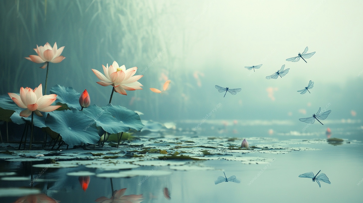 雾中荷塘蜻蜓飞舞