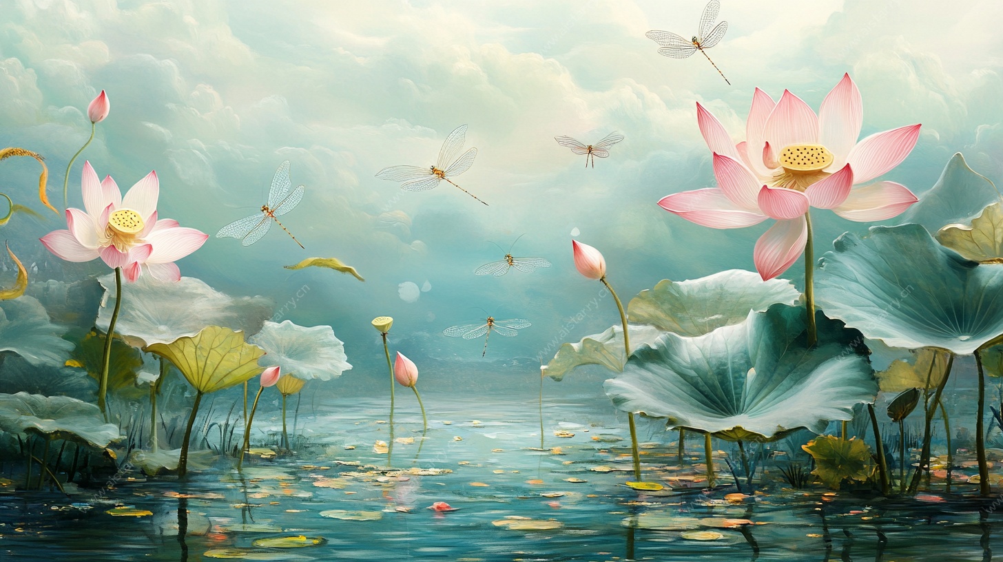 梦幻荷塘蜻蜓飞舞图