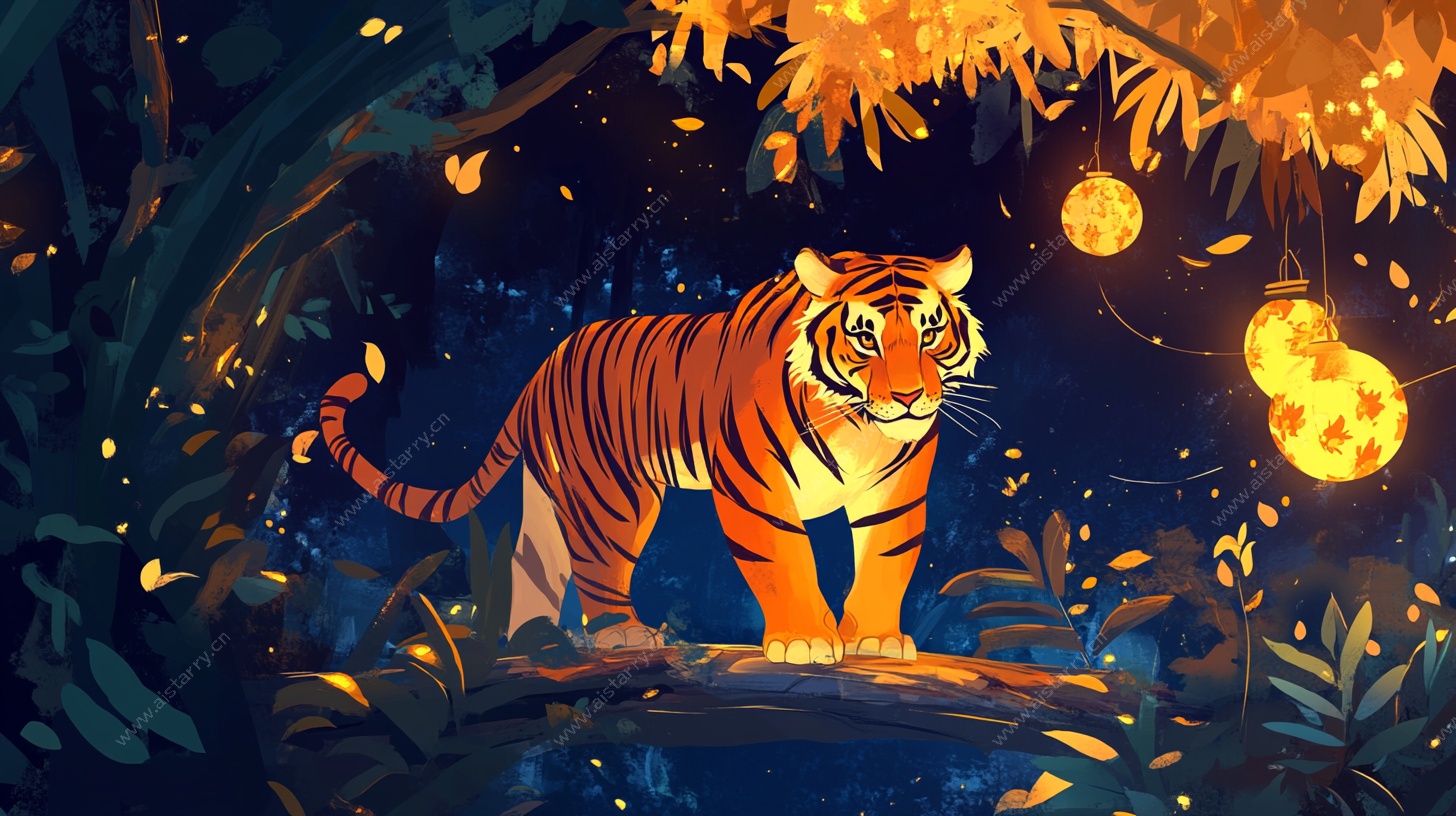 月夜下的梦幻老虎插画