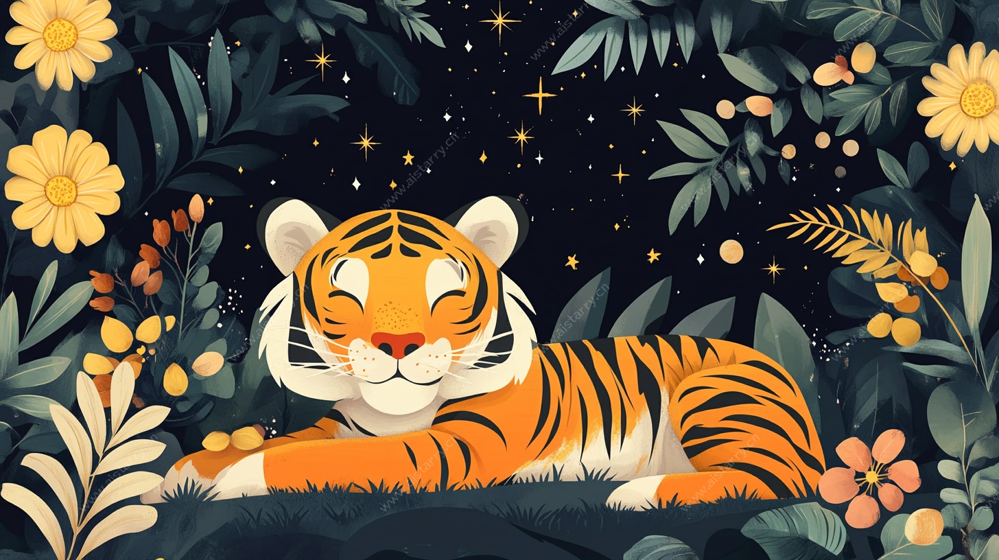 夜晚花丛中的惬意老虎