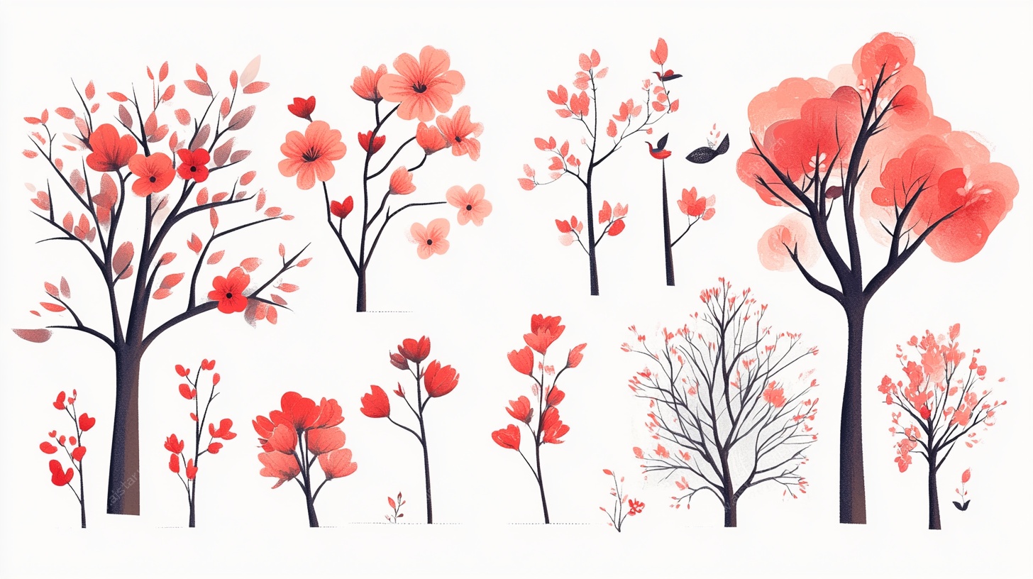 手绘风红色花卉树木集合