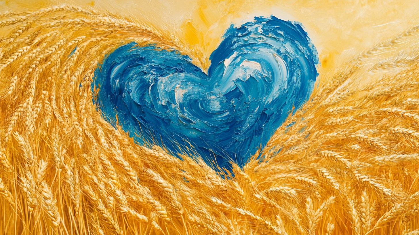 麦田中的蓝色爱心油画