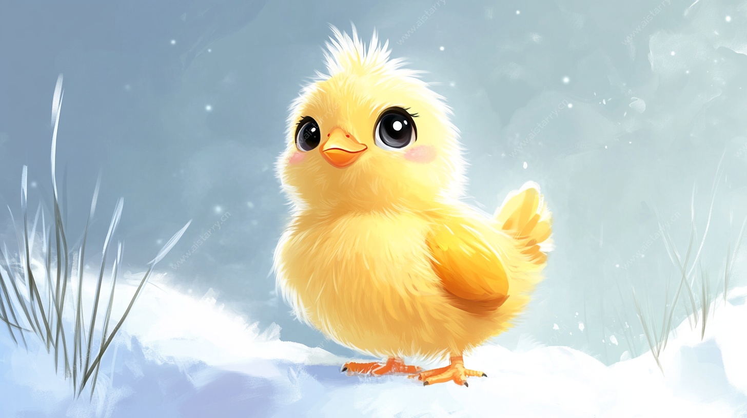雪地中的可爱小黄鸡