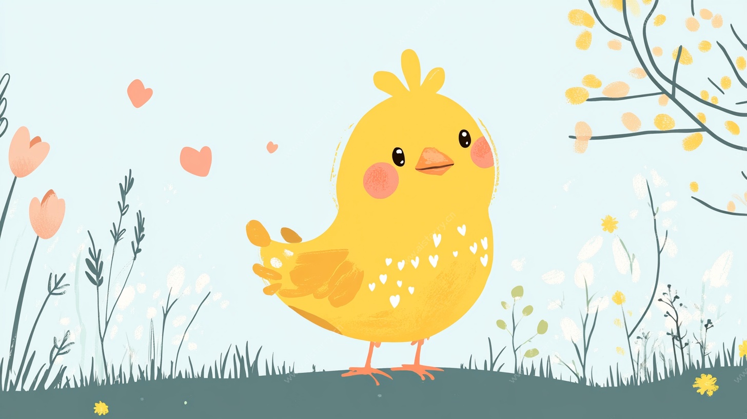 可爱小黄鸡在春日花草间