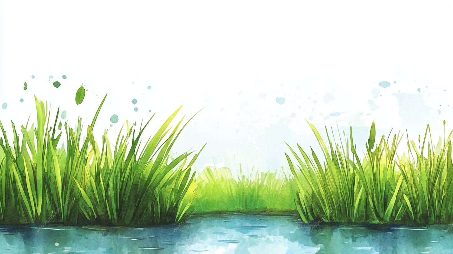 清新水边草地风景插画