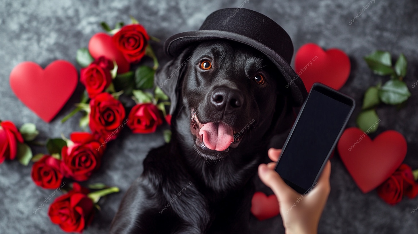 戴帽萌犬与玫瑰和手机