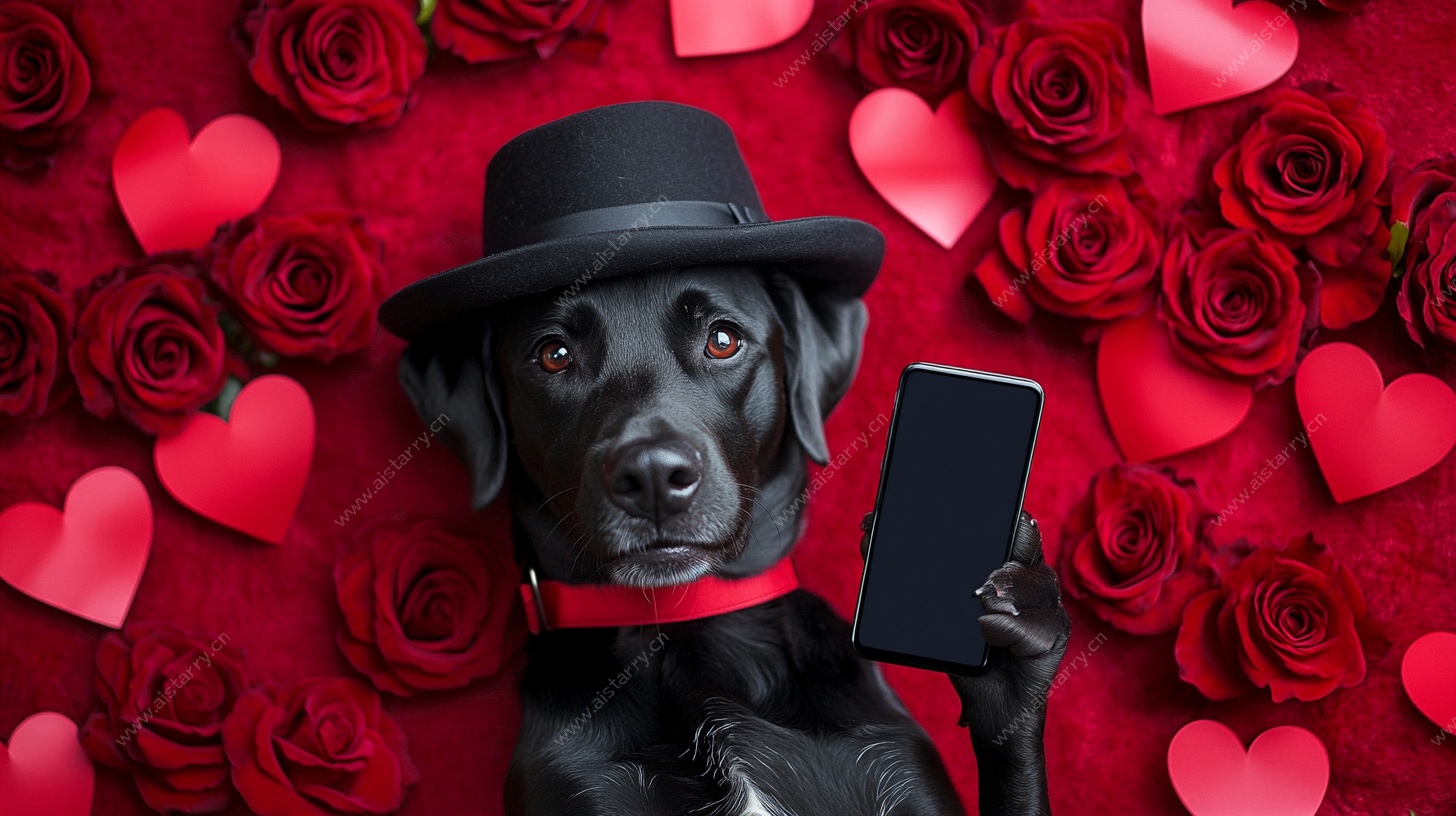 萌犬手持手机浪漫示爱