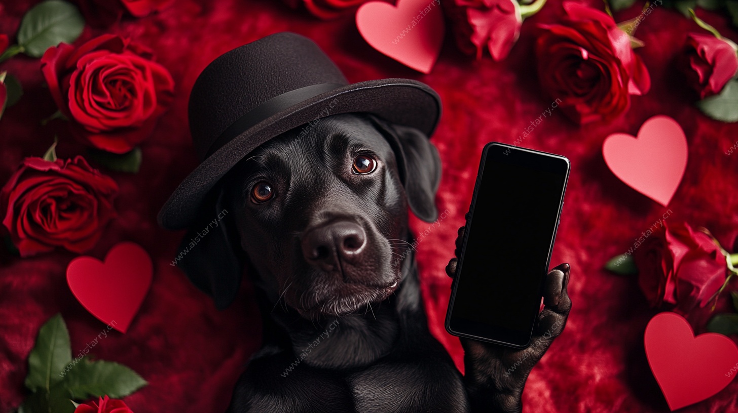 黑狗手持手机置身玫瑰中