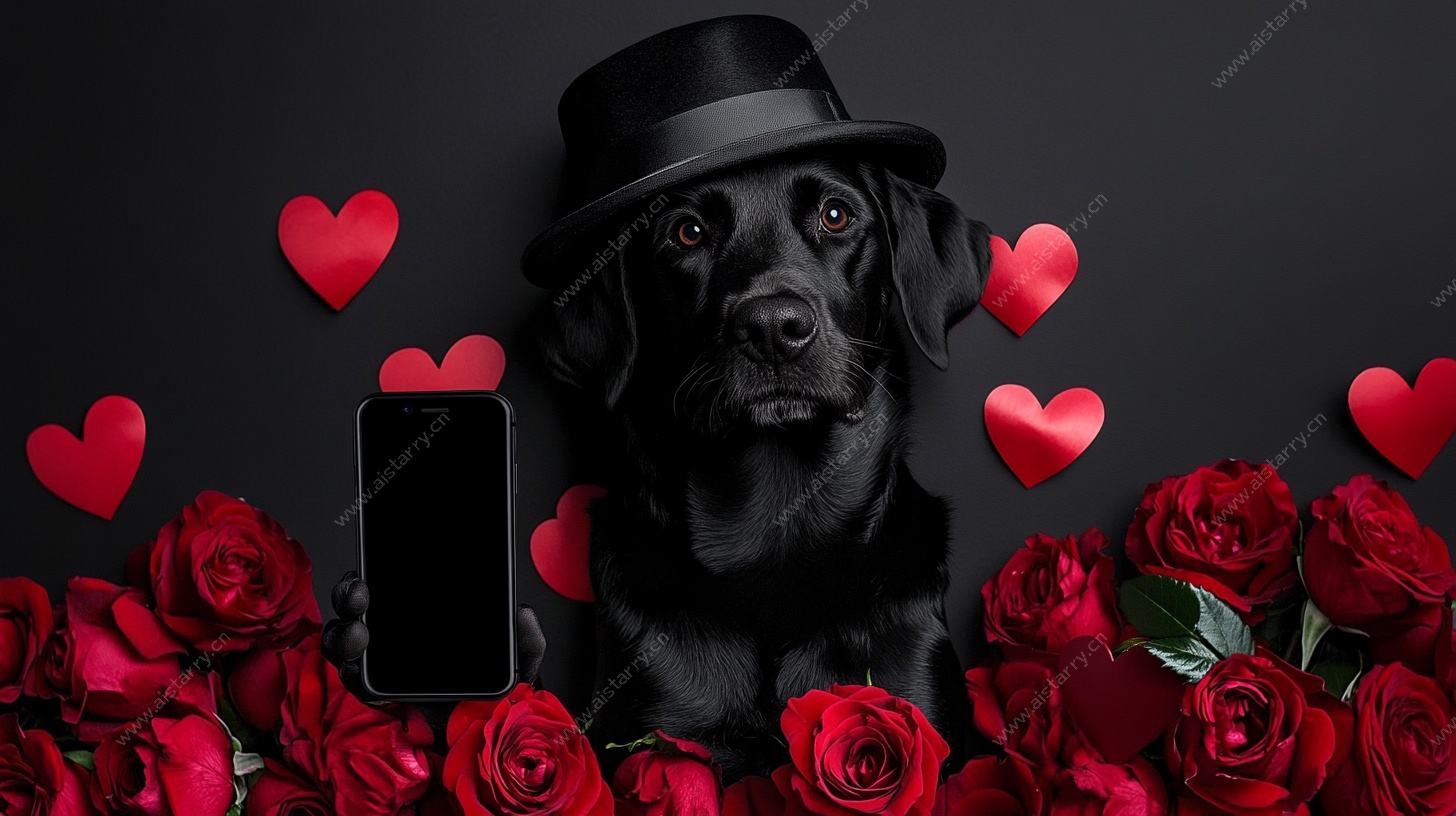 戴帽黑狗置身玫瑰爱心间