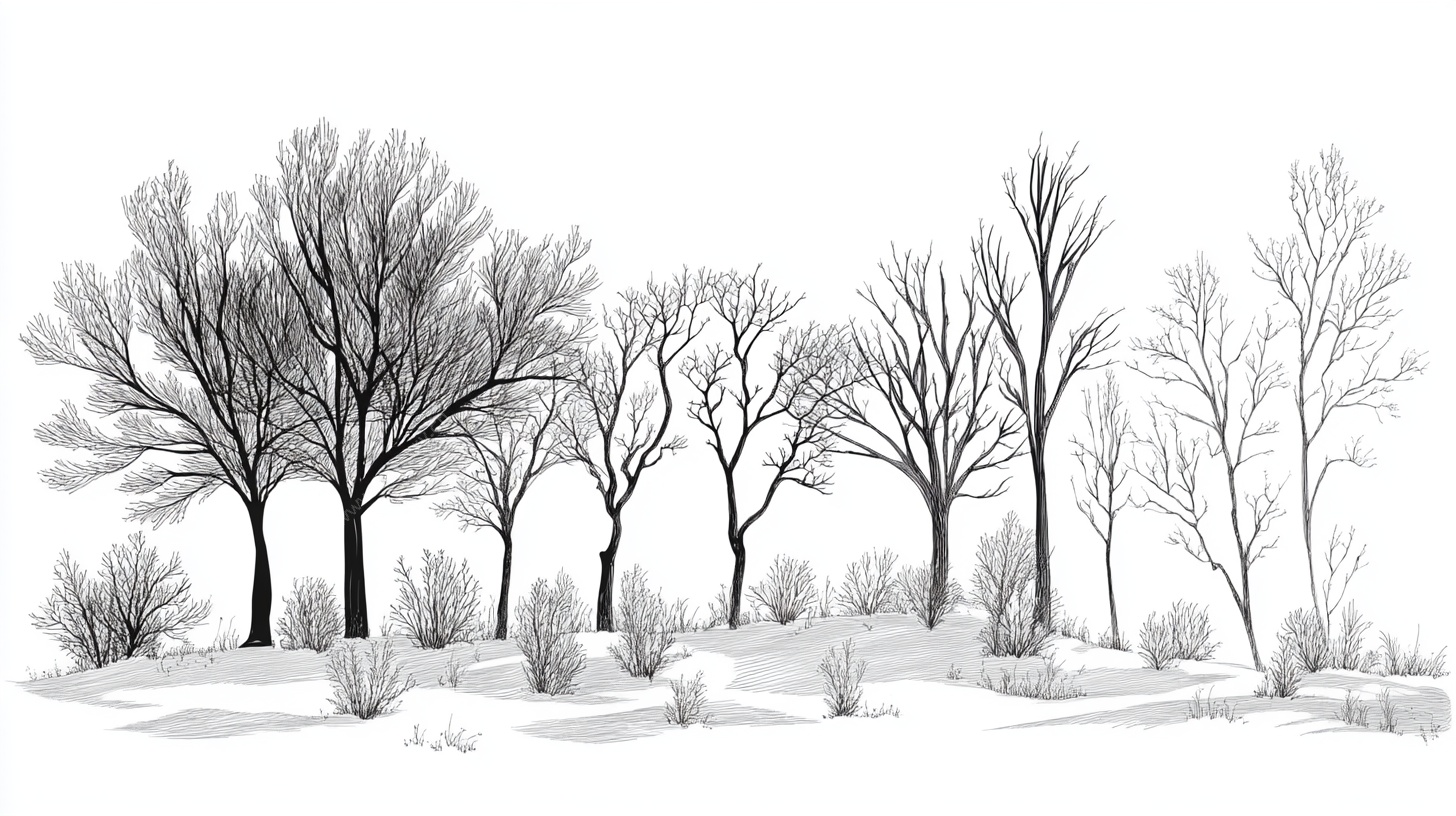 冬日枯树林雪景素描图