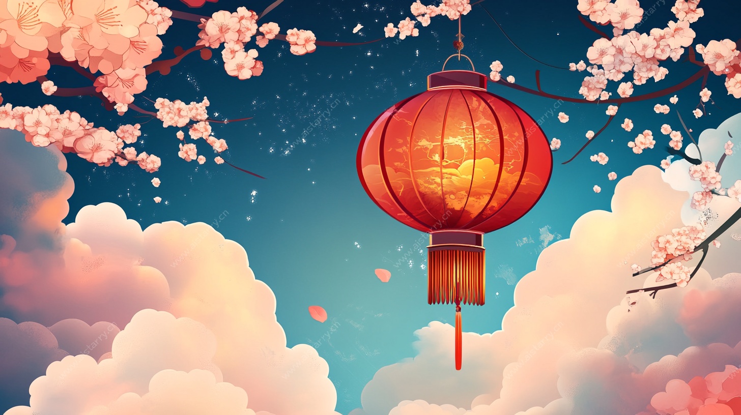 夜空中的灯笼与烂漫樱花