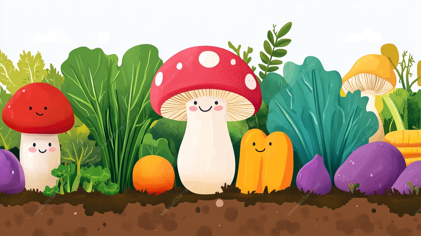 可爱蘑菇蔬菜插画场景