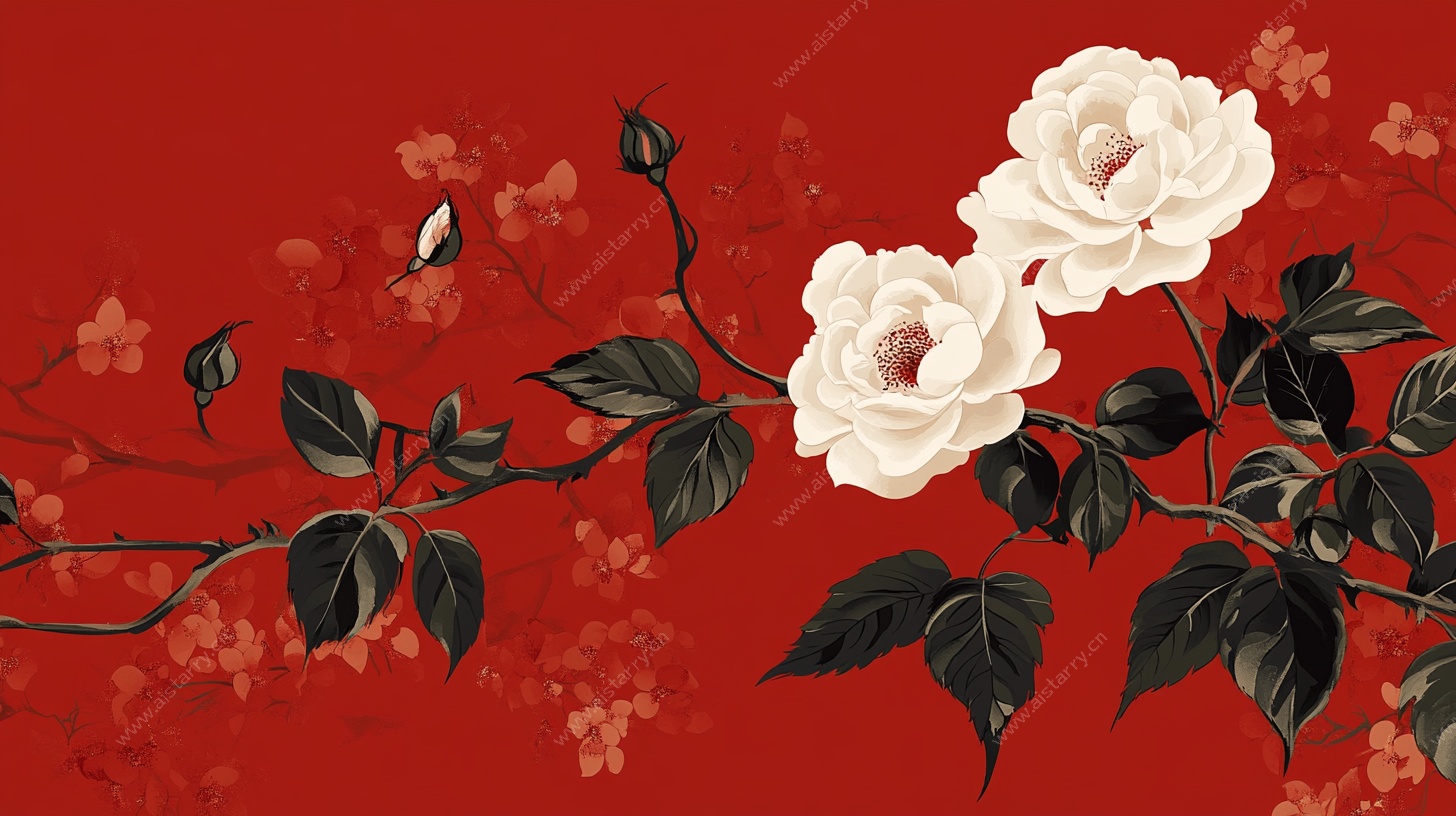 中式红底白牡丹花卉图
