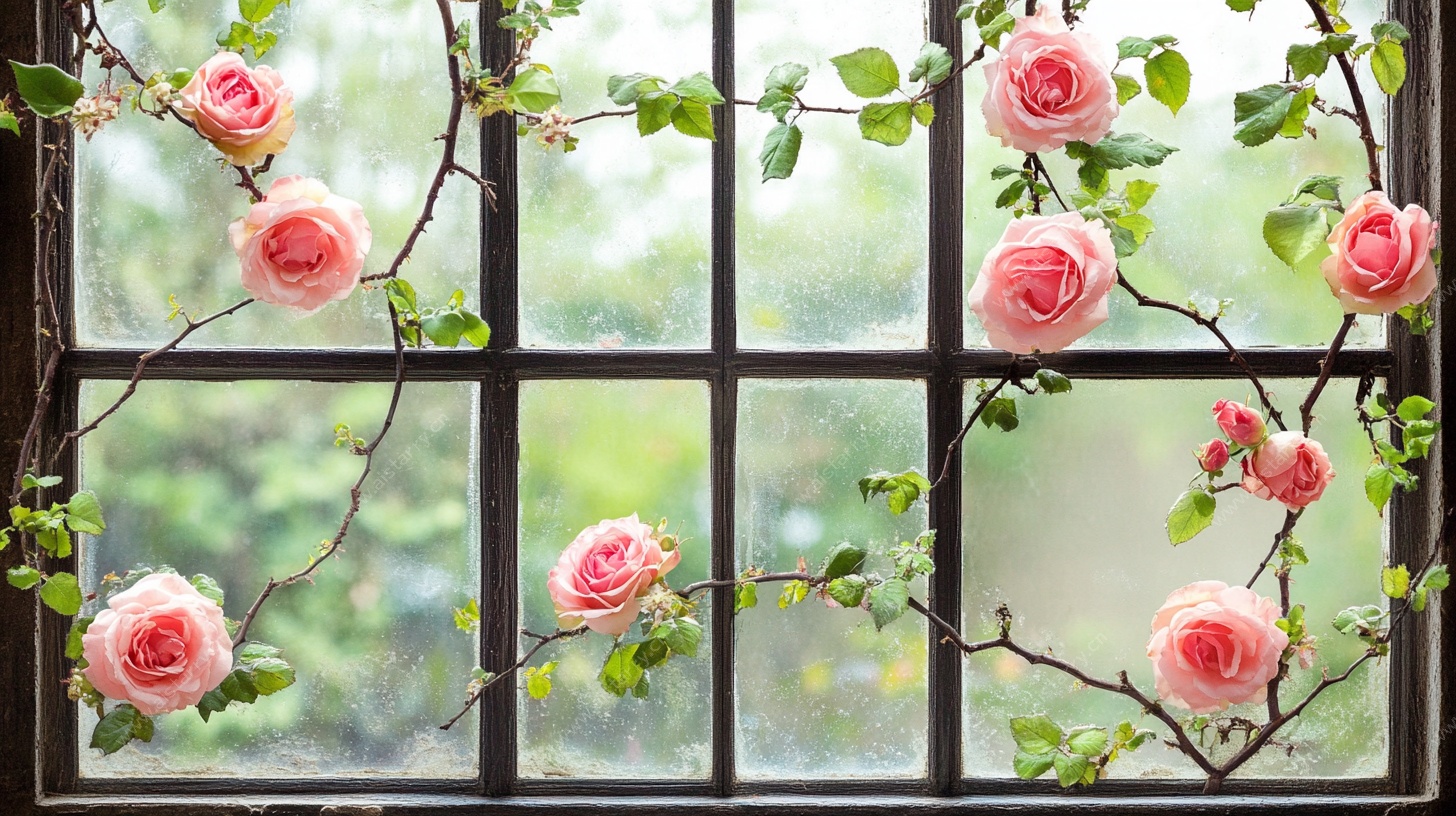 窗边绽放的粉色蔷薇花