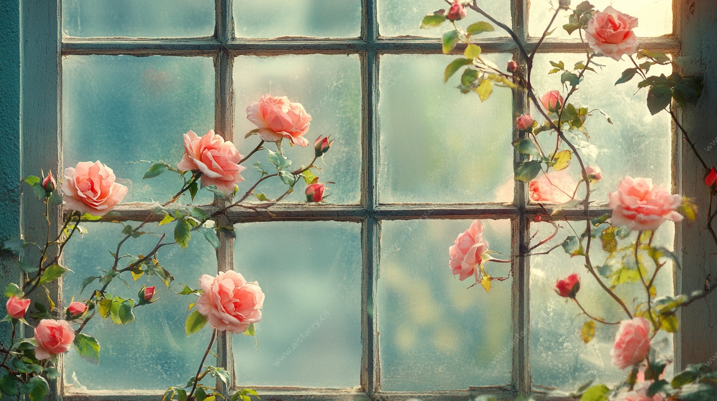 窗边绽放的粉色蔷薇花
