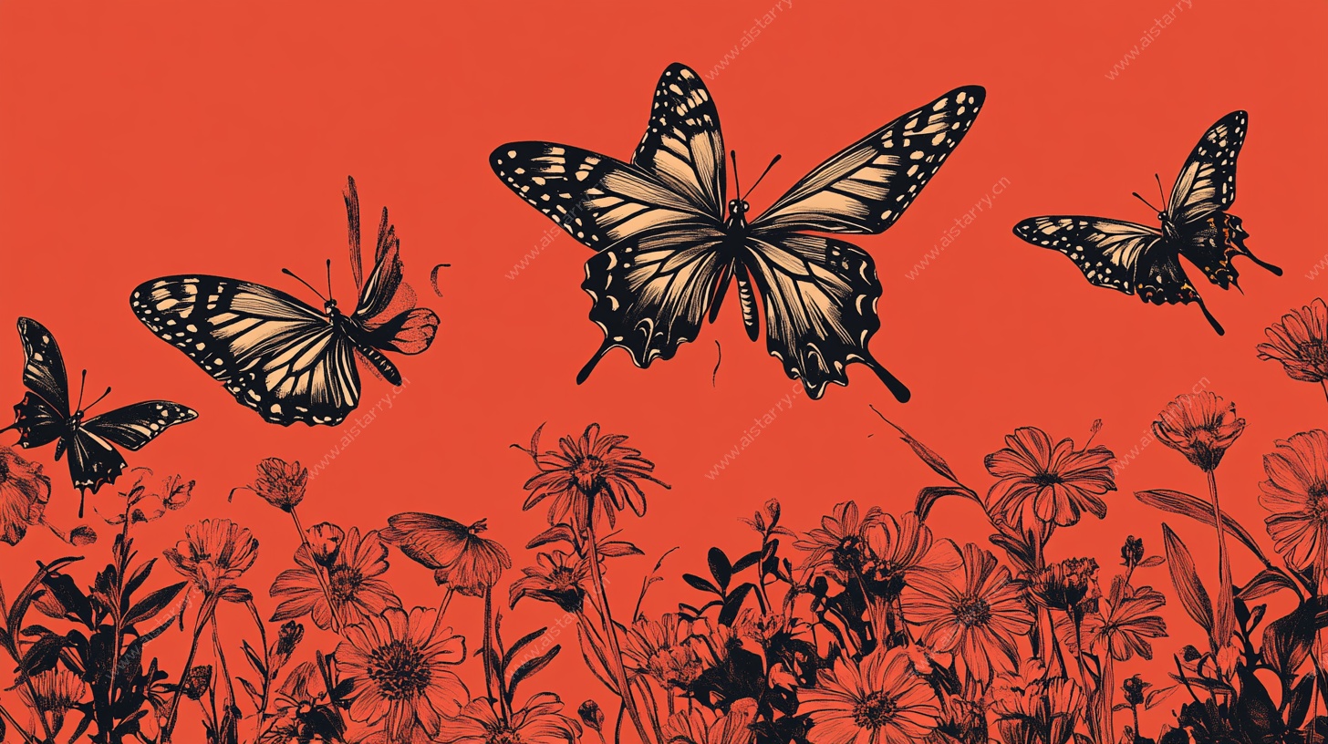 红底蝶舞花丛图