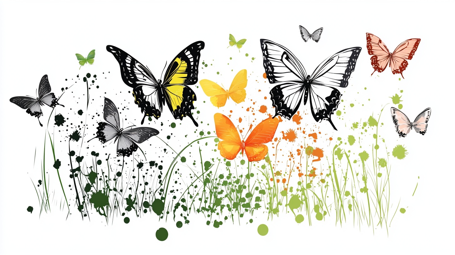 飞舞的蝴蝶与花草插画