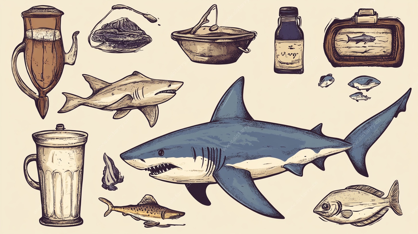 海洋生物与渔具插画集合