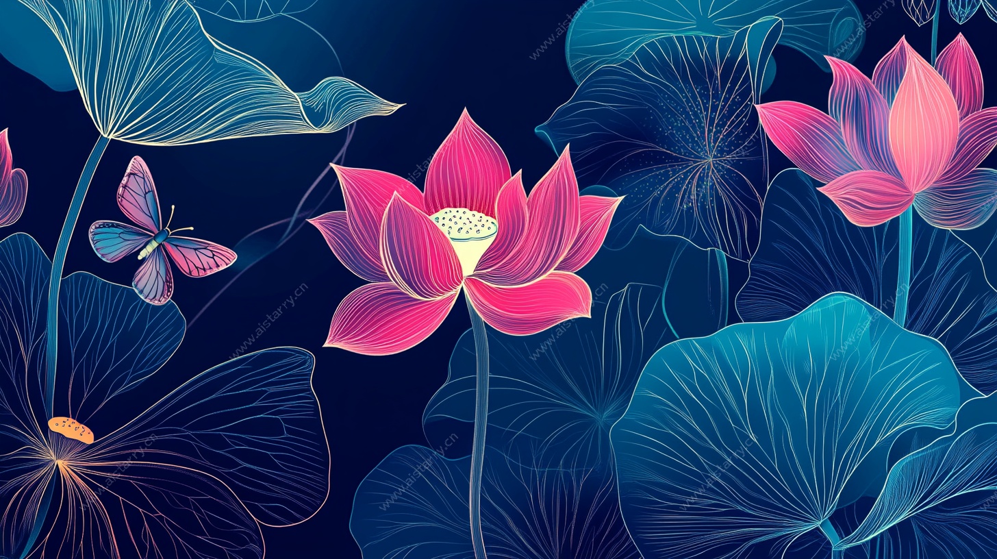 梦幻荷花蝴蝶插画