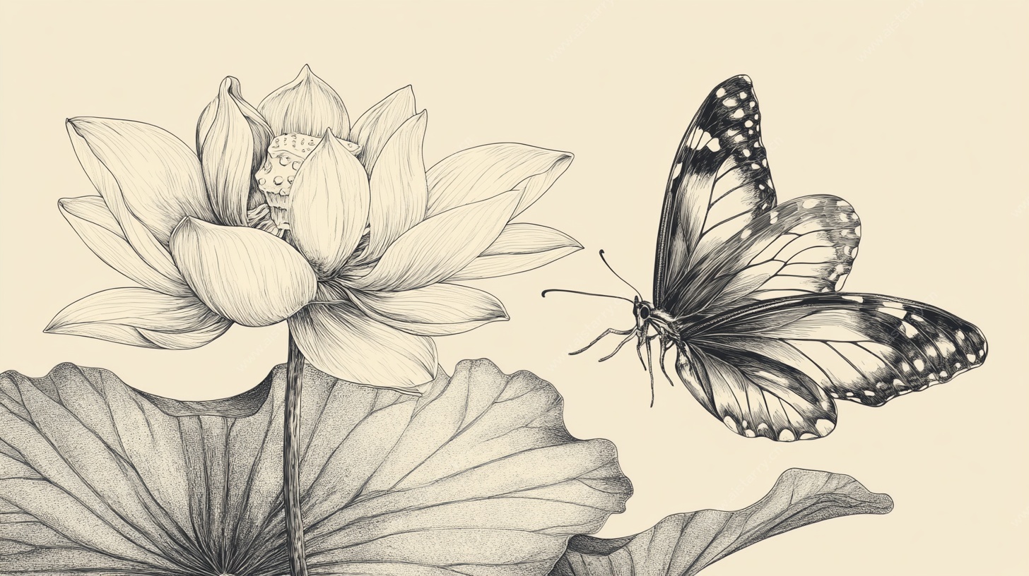 水墨风荷花蝴蝶图