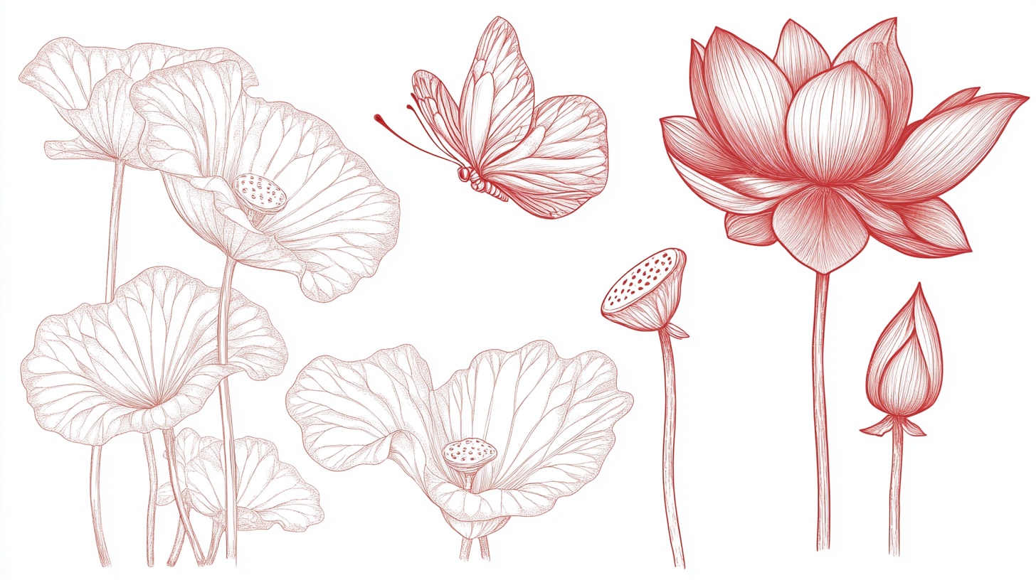 手绘荷花与蝴蝶插画素材