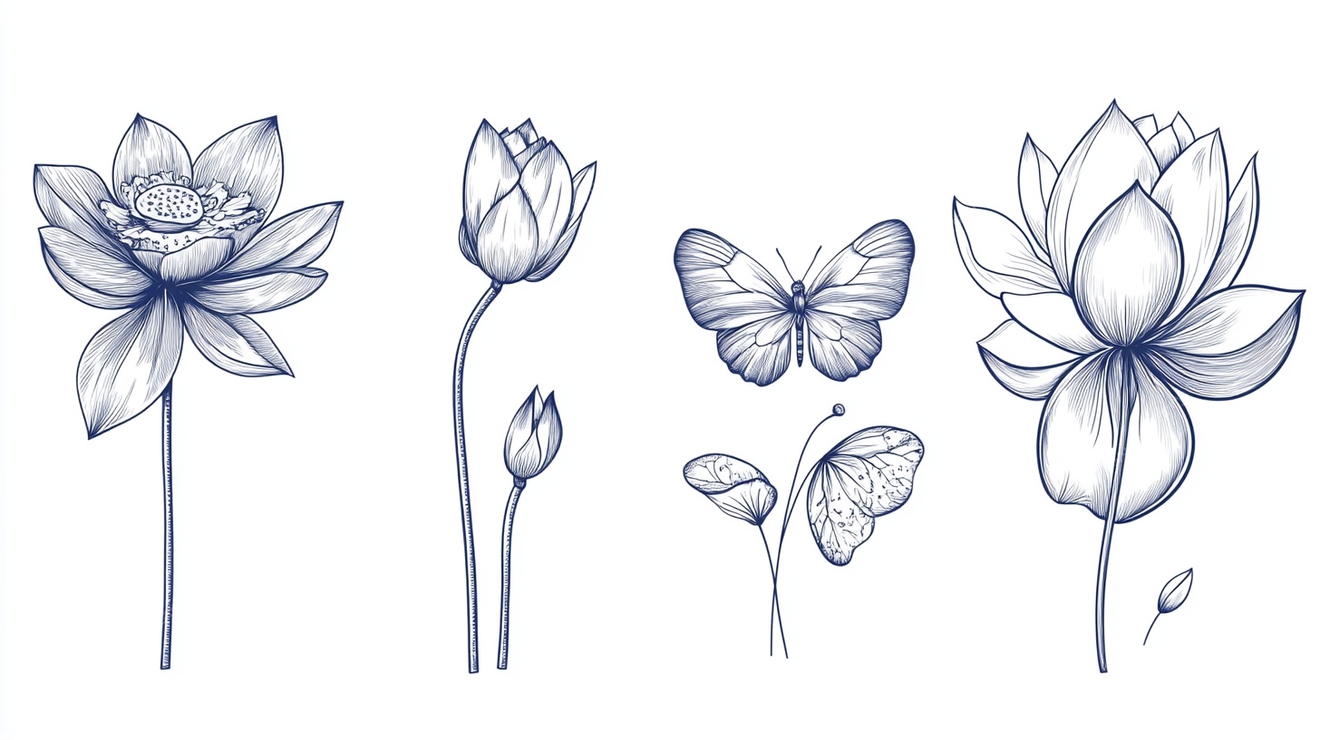 手绘莲花与蝴蝶插画