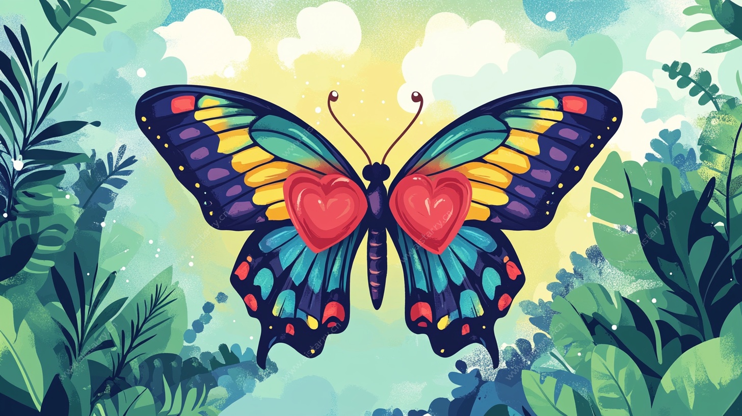爱心蝴蝶在繁茂丛林飞舞