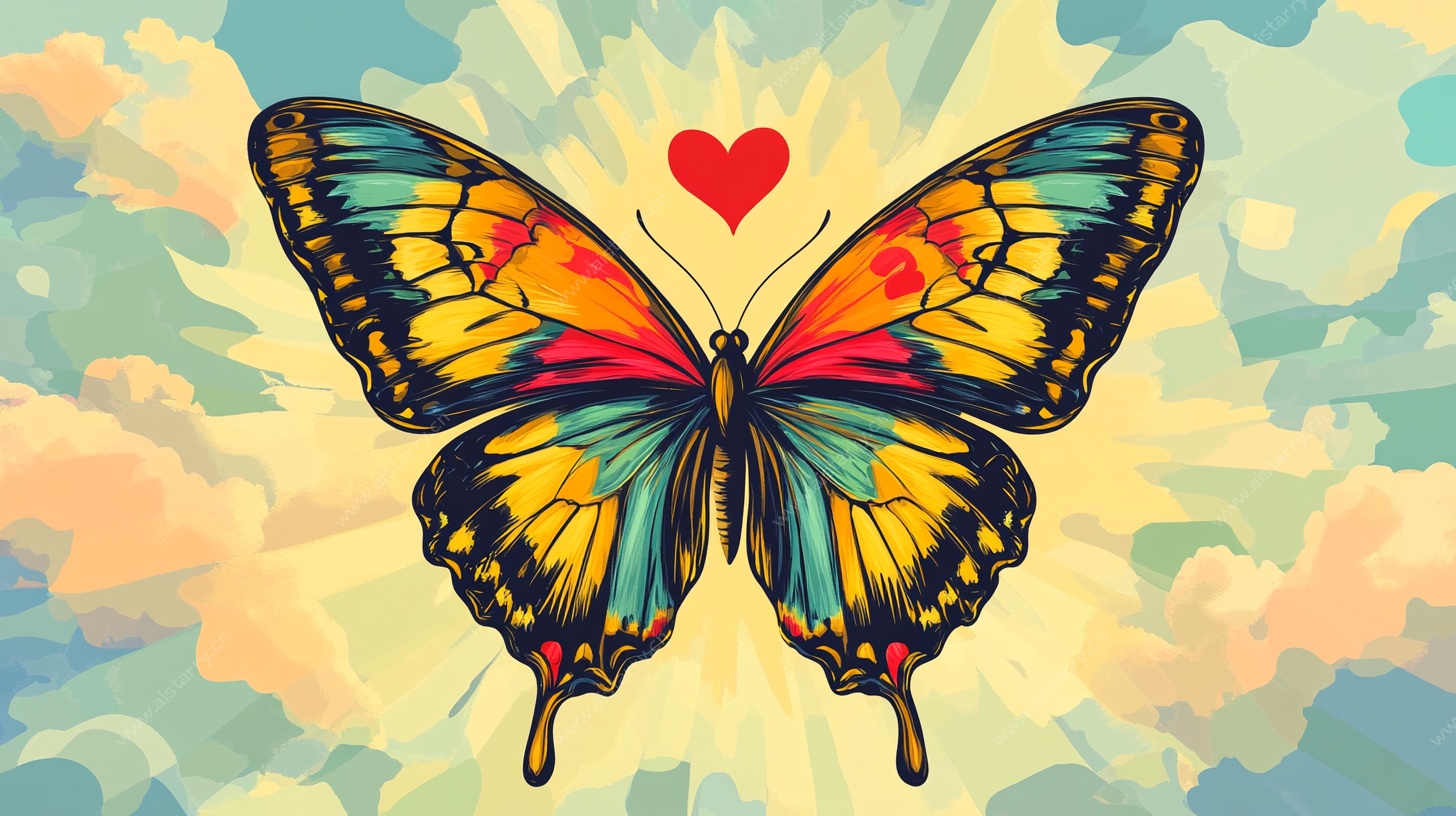 彩色蝴蝶爱心天空插画