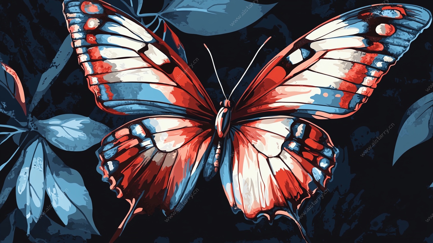 绚丽蝴蝶与叶的梦幻插画