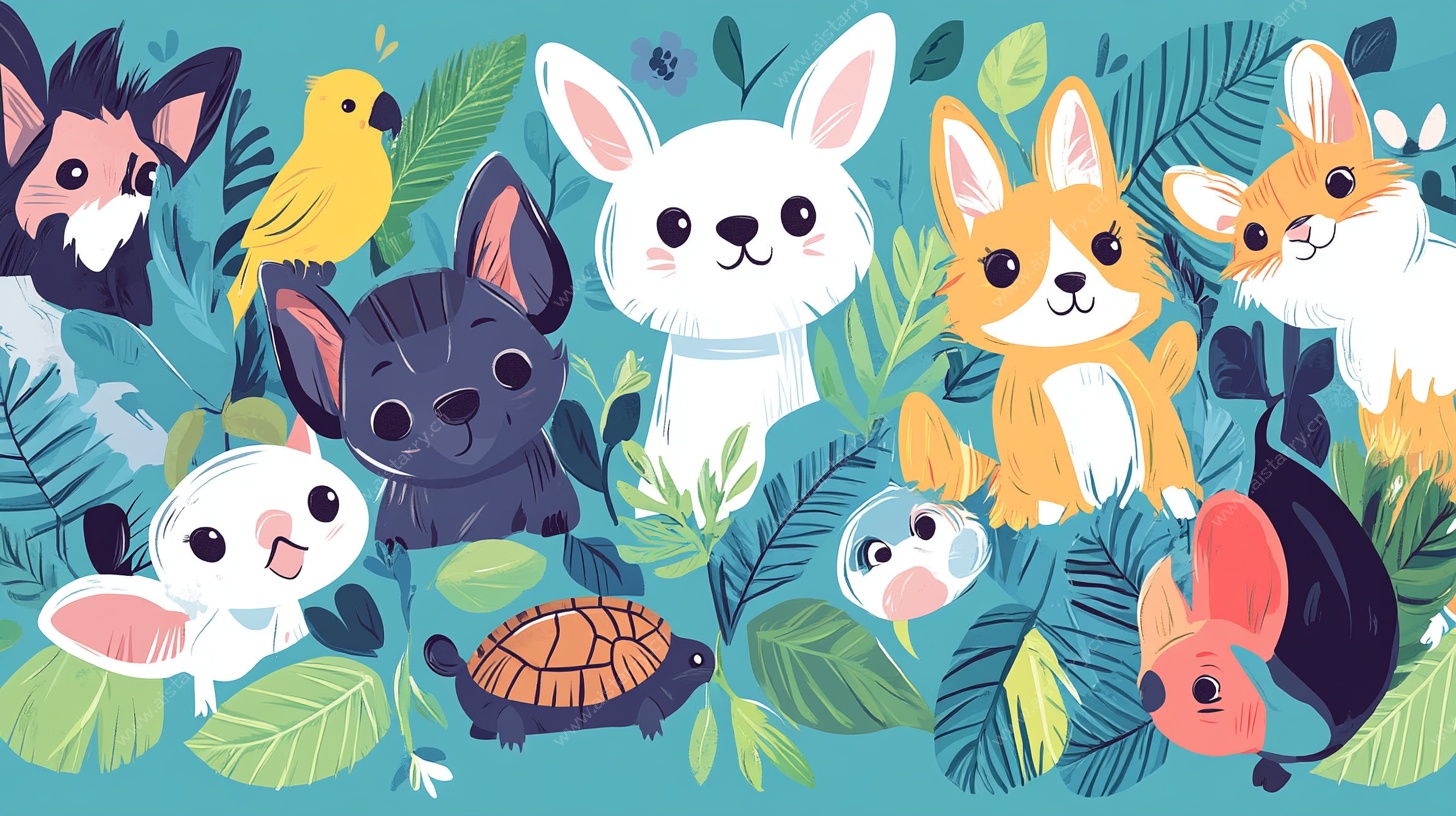 可爱萌宠与绿植欢乐图景