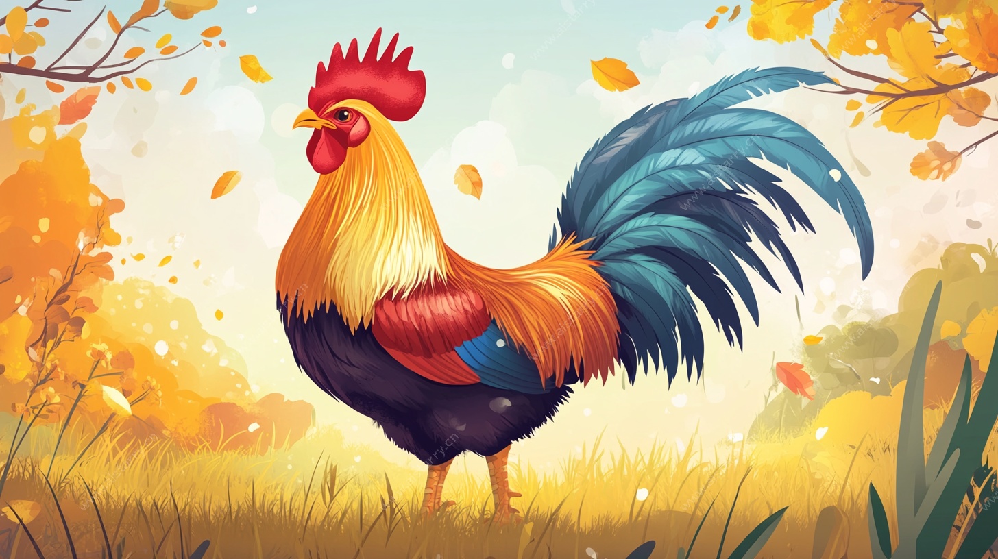 秋日田园风彩色公鸡插画
