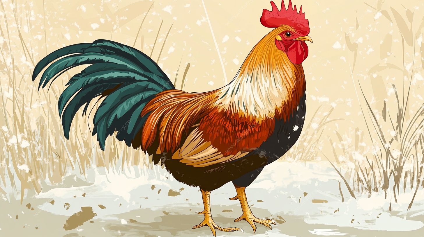 雪地中的绚丽公鸡
