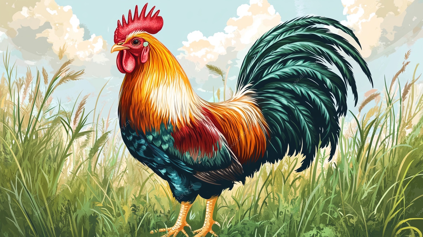 田园中的五彩大公鸡