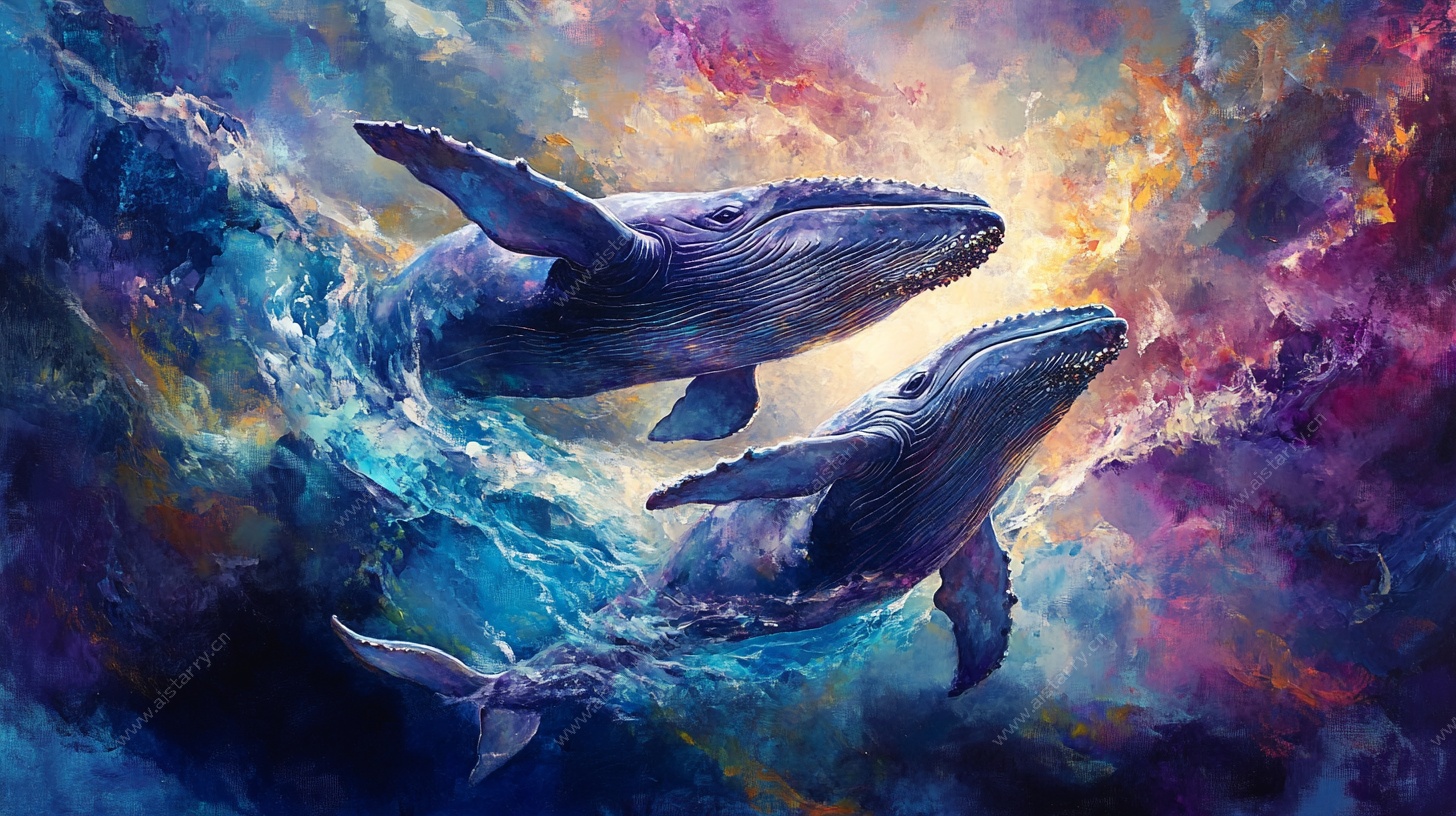 梦幻双鲸遨游绚丽星空