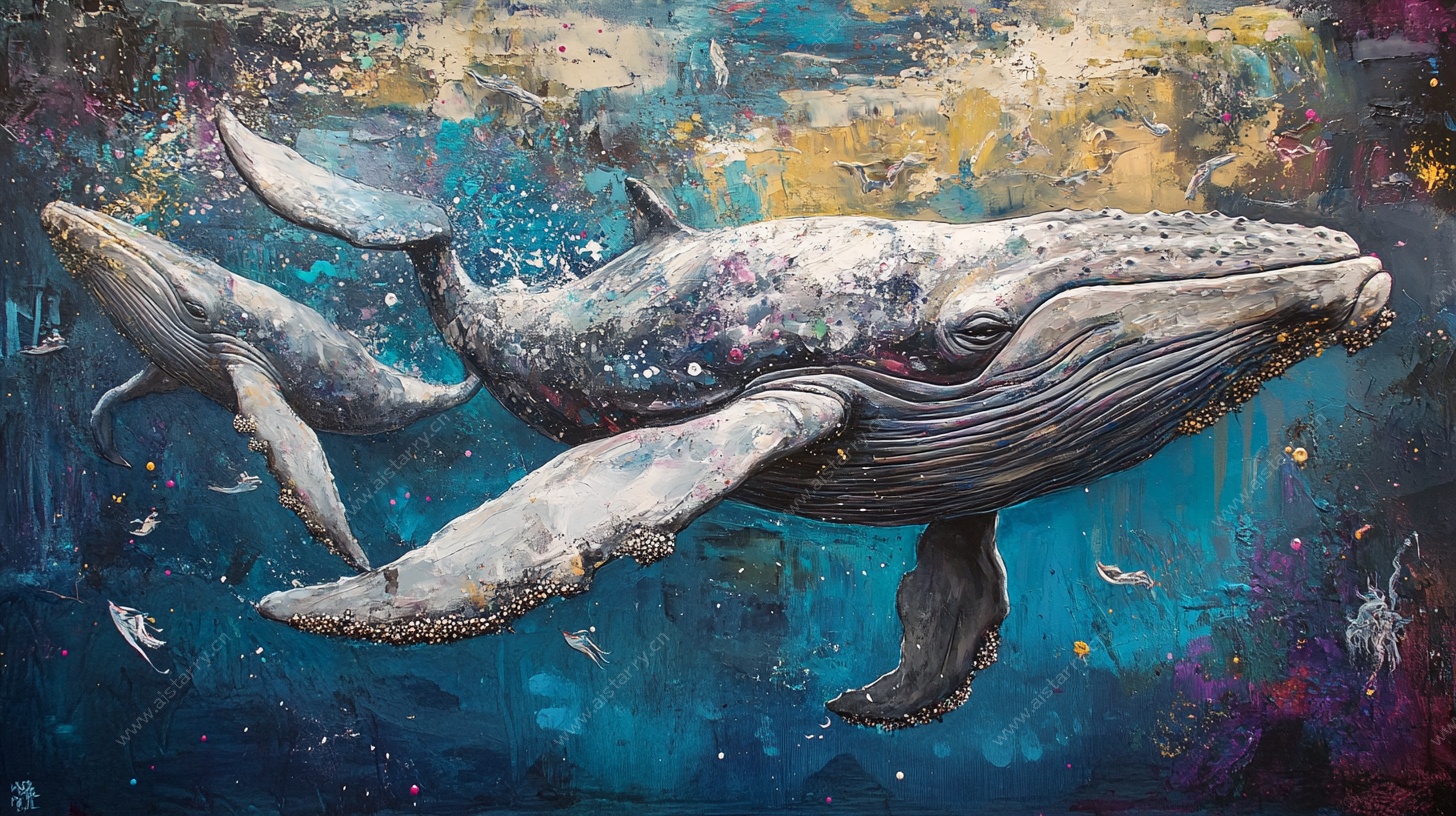 海洋双鲸油画艺术作品