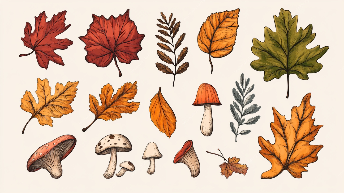 秋季树叶与蘑菇插画素材