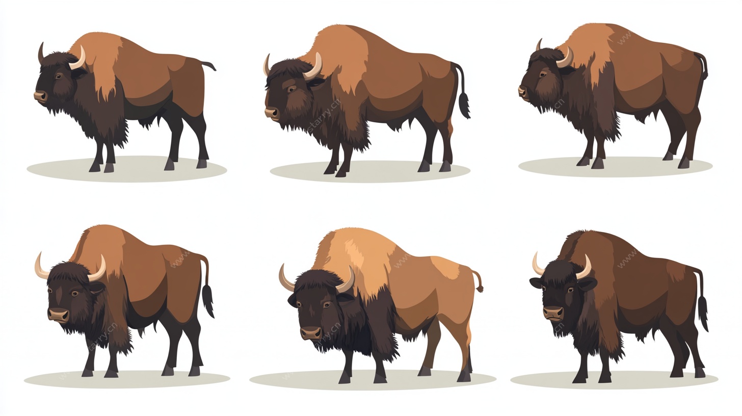 六只不同姿态的野牛插画