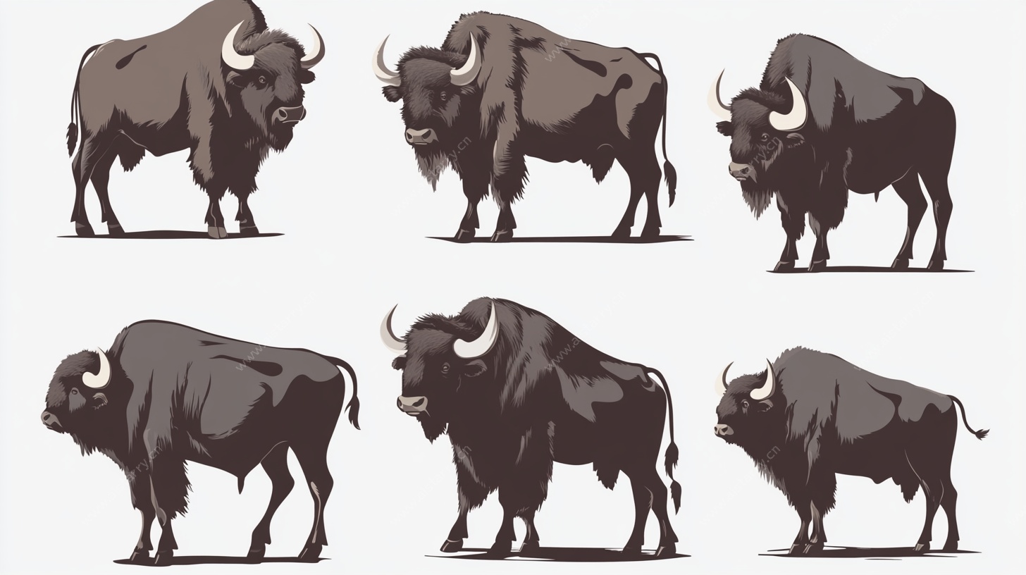 站立的多只野牛插画形象