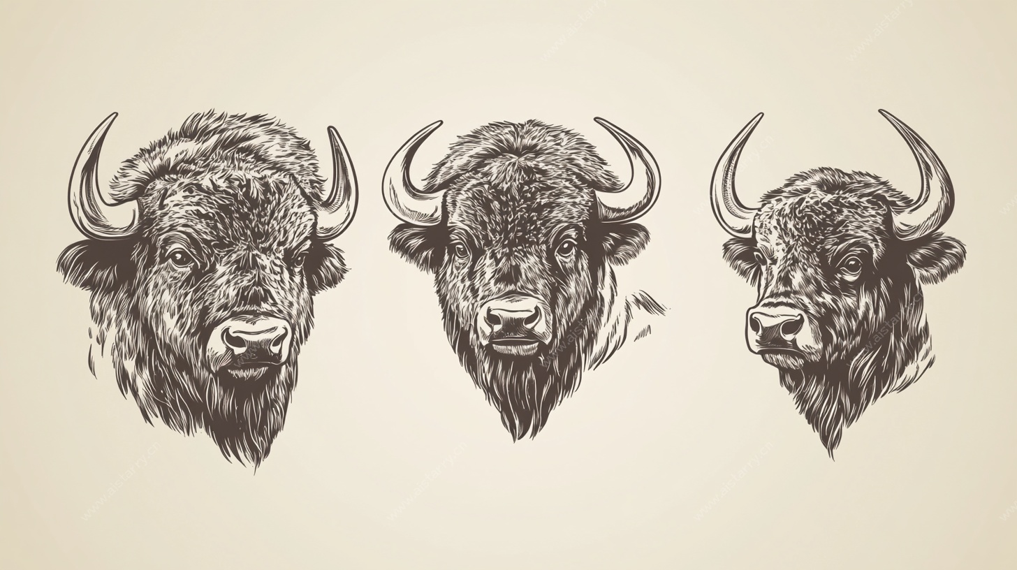 三头野牛素描头像