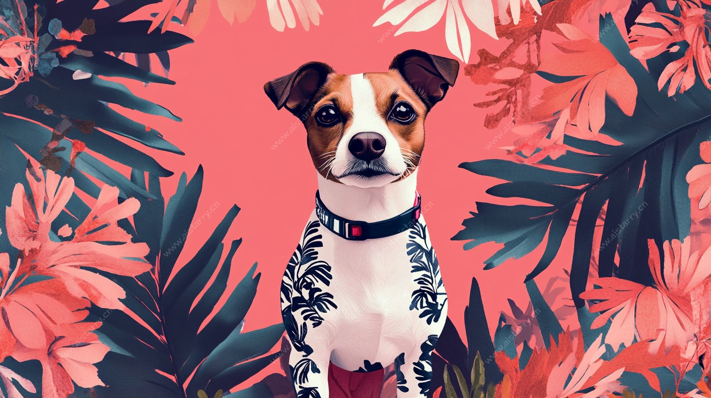 萌犬置身热带植物中