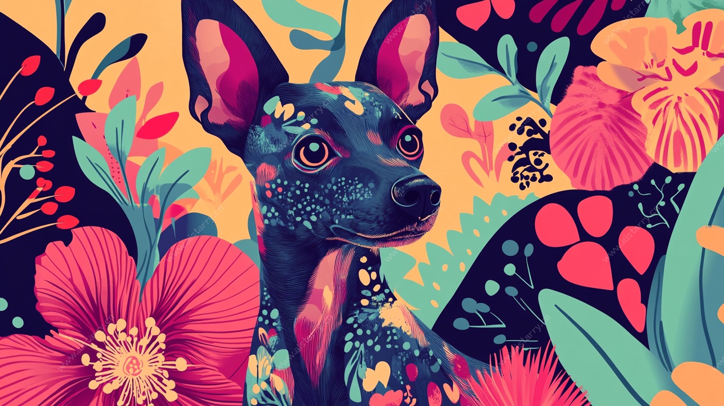 多彩花卉中的俏皮小狗