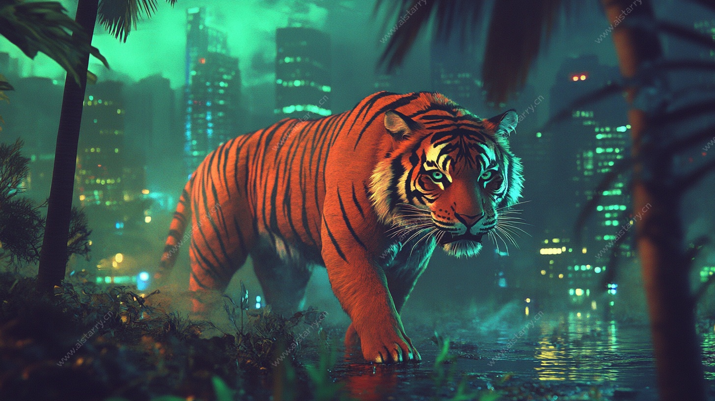 霓虹都市中的威猛老虎