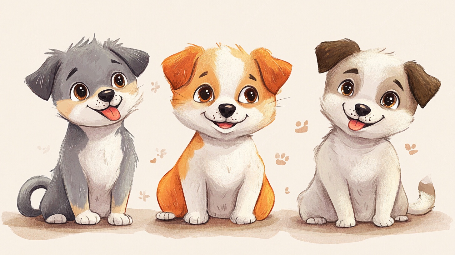 三只可爱萌犬的插画