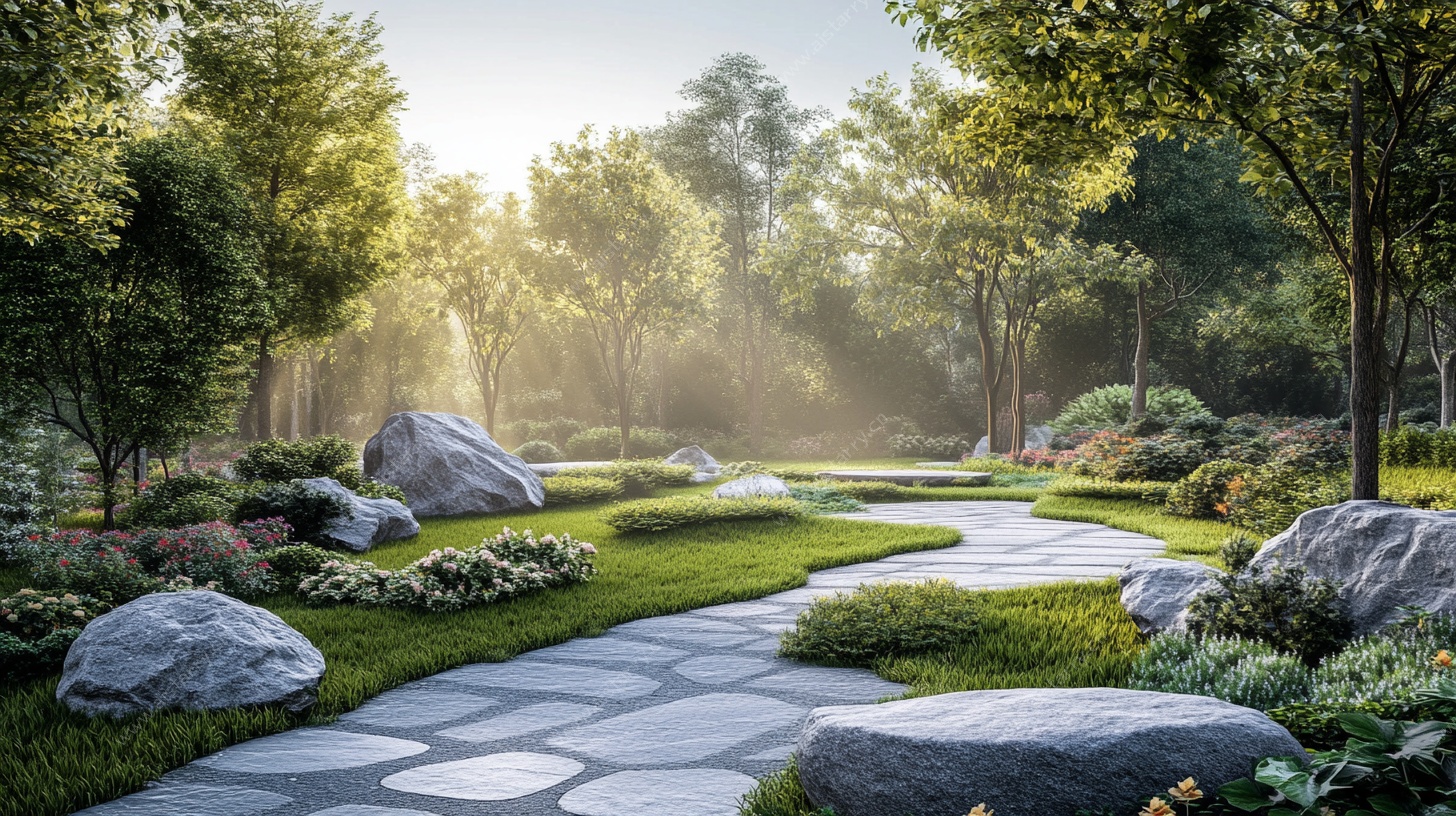 阳光洒落的林间石板小径