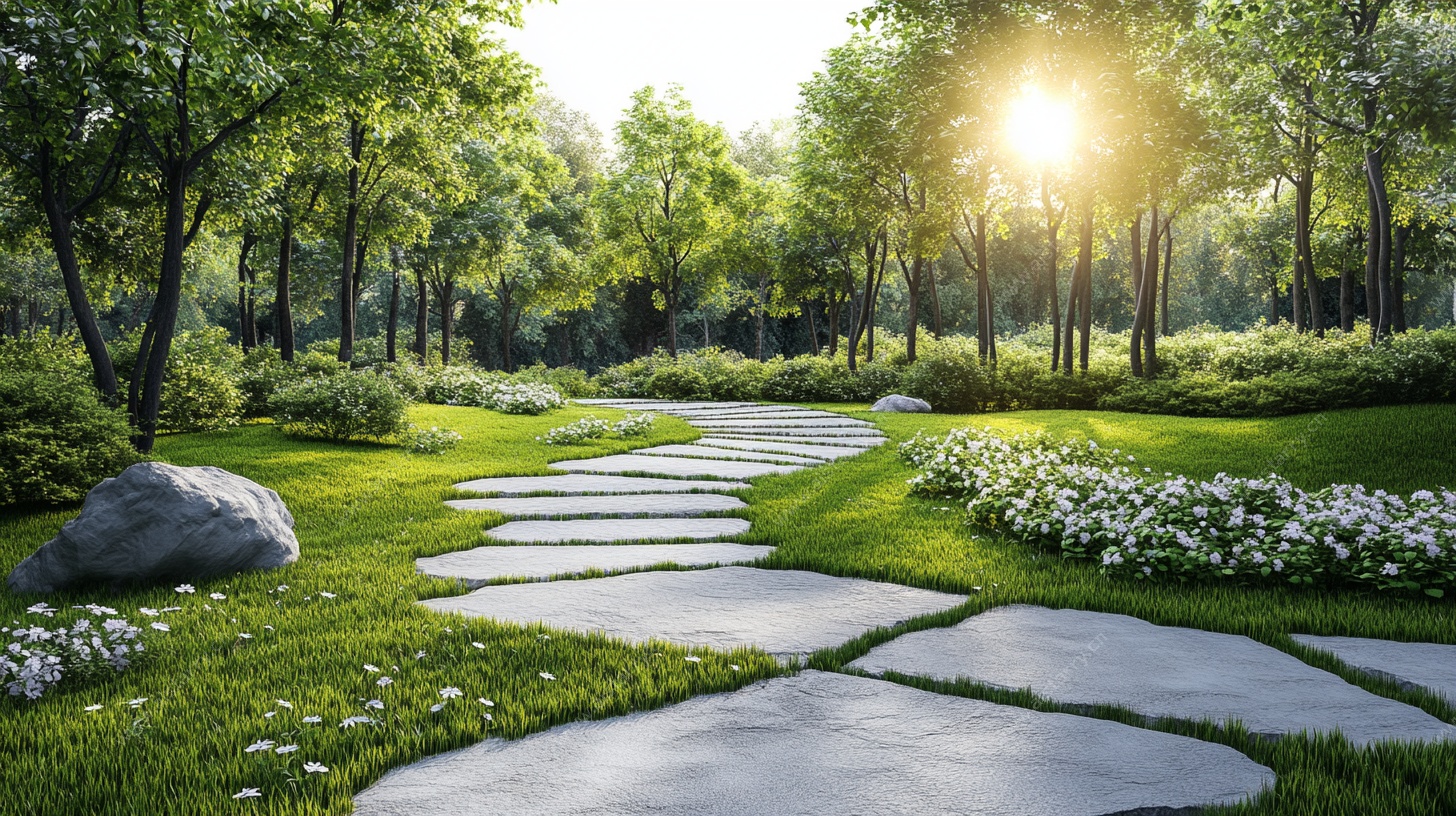 阳光洒落的林间石板小径